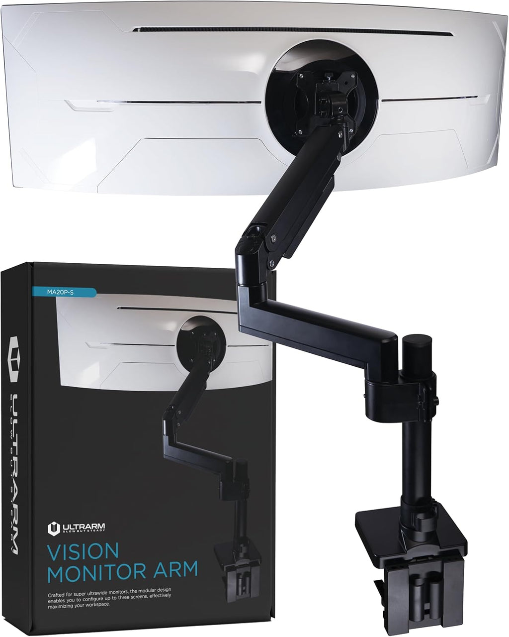 ULTRARM Heavy Duty Monitor Arm for Ultrawide Monitors up to 57' and 44 lbs, Single Desk Stand, Pneumatic Height Adjustable, Modular Extension Arms - Max VESA 100x100, Black, MA20P-S