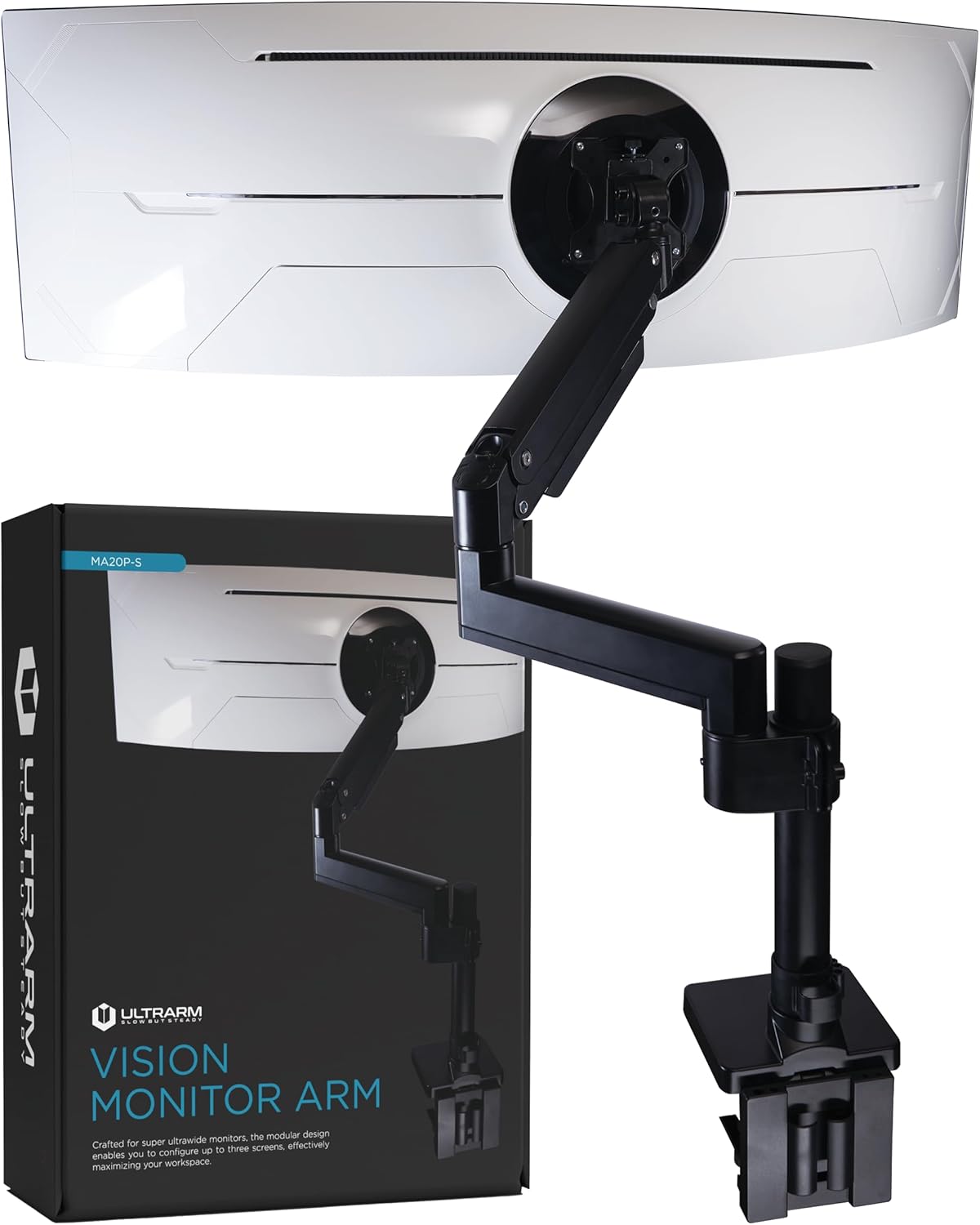 ULTRARM Heavy Duty Monitor Arm for Ultrawide Monitors up to 57' and 44 lbs, Single Desk Stand, Pneumatic Height Adjustable, Modular Extension Arms - Max VESA 100x100, Black, MA20P-S