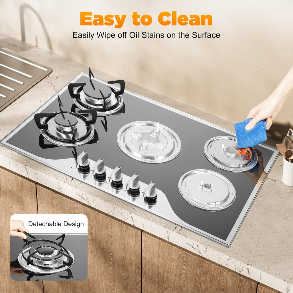 30Inch Gas Cooktop, 5 Burner Gas Stove, NG/LPG Dual Fuel Cooktops Gas Cooker, Built-In Stove Top Stainless Steel with Tempered Glass Panel, Independent Switch Control, for Home Kitchen, Restaurant