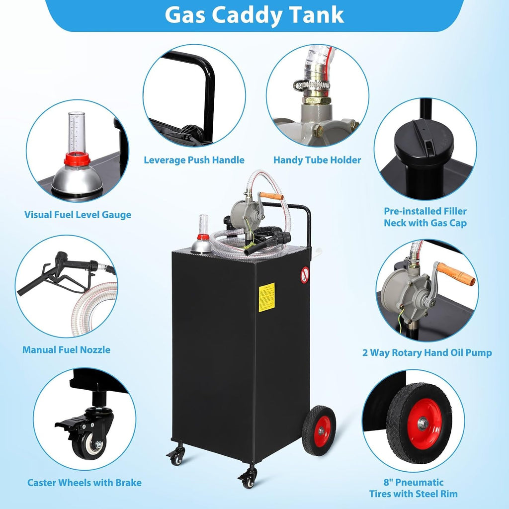 Fuel Caddy Tank 35-Gallon with Manual Transfer Pump, Heavy-Duty Mobile Gas & Diesel Storage Tank for Cars, Lawn Mowers, Boats, ATVs, and Farming Equipment. Effortless Refueling on 4 Large Wheels