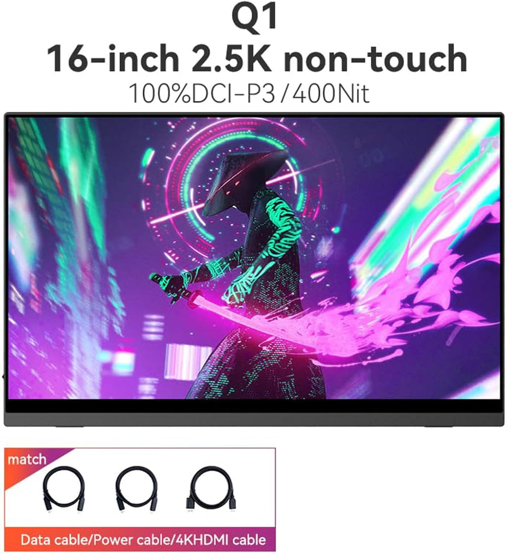 EHOMEWEI Q1 16' Ultra-Slim Portable Monitor 2560 * 1600 QHD Laptop Screen Extender with 100% sRGB, Eye Care IPS Display, Integrated Kickstand, Plug & Play for MacBook, PC, Phone, Switch, Xbox