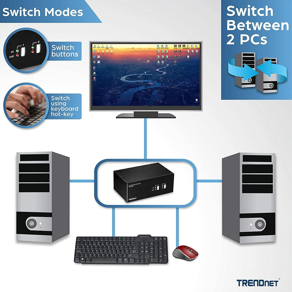 TRENDnet 2-Port Dual Monitor DVI KVM Switch with Audio, 2-Port USB 2.0 Hub, Digital Resolutions up to 1920 x 1200, Analog Resolutions up to 2048 x 1536, TK-232DV