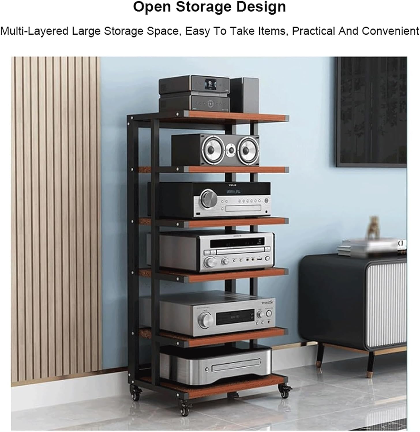 Audio Rack Wooden Stereo Rack Audio Equipment Rack Audio Open Rack Cabinet HiFi Rack with Wheels Audio-Video Shelving Movable Strong(Natural,4 Tier)