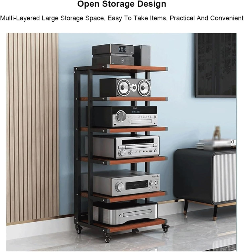 Audio Rack Wooden Stereo Rack Audio Equipment Rack Audio Open Rack Cabinet HiFi Rack with Wheels Audio-Video Shelving Movable Strong(Natural,6 Tier)