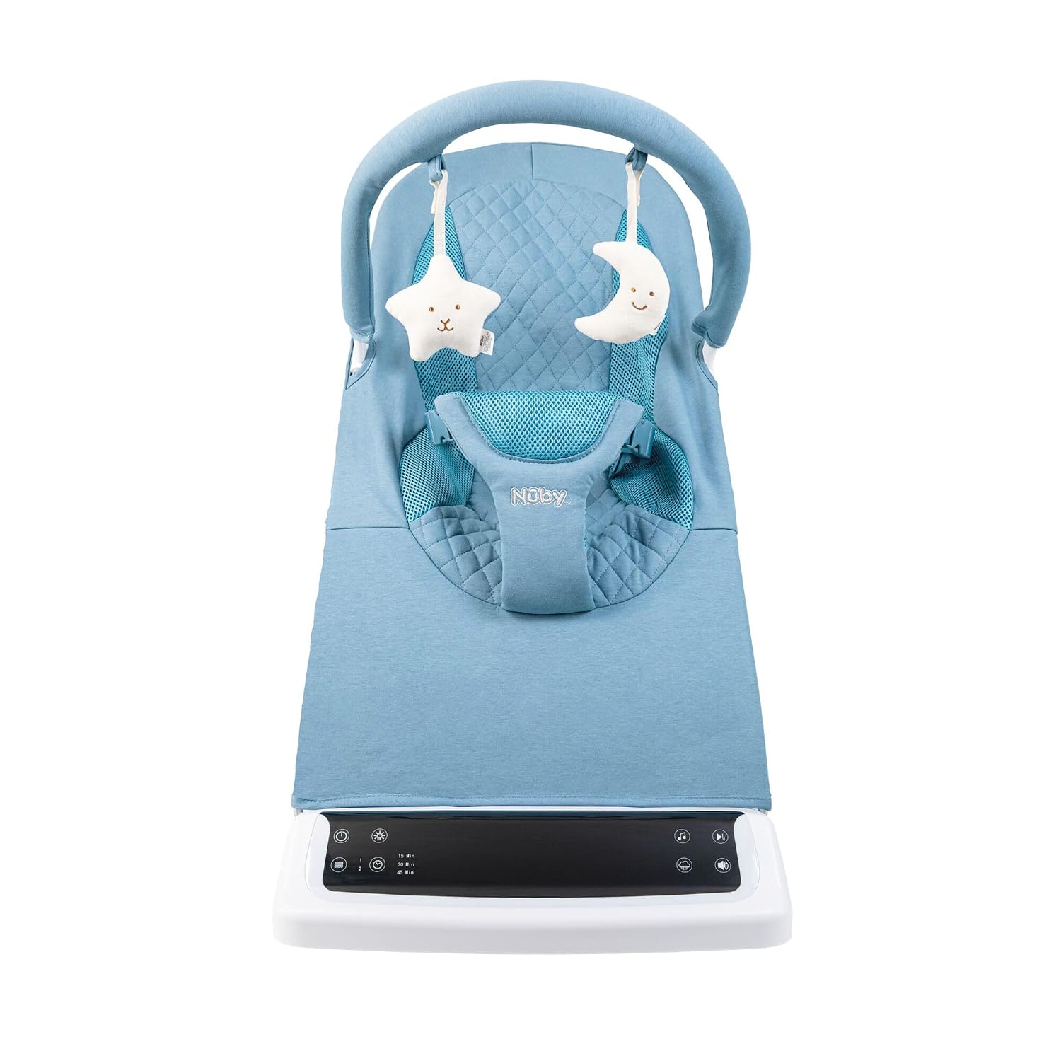 Nuby Deluxe Baby Bouncer Seat - Portable Infant Bouncer with Music, Fun Sounds, and Soothing Vibrations - Digital Display - 0-6 Months - Navy Blue