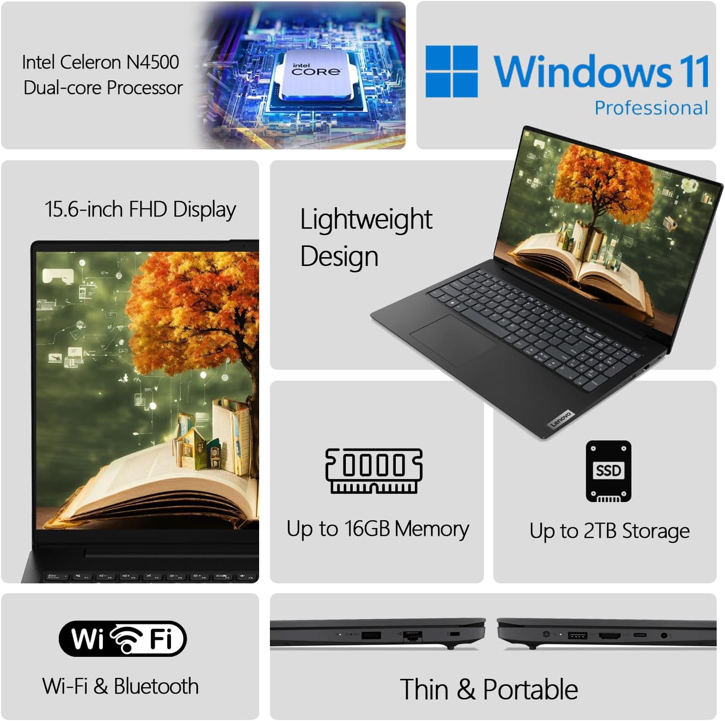 Lenovo New 15.6' Laptop, Intel Dual-core Processor, 16GB Memory, 1TB PCIe SSD, 15.6' FHD (1920 x 1080) Display, Ethernet Port, HDMI, USB-C, WiFi & Bluetooth, Webcam, Windows 11 Pro