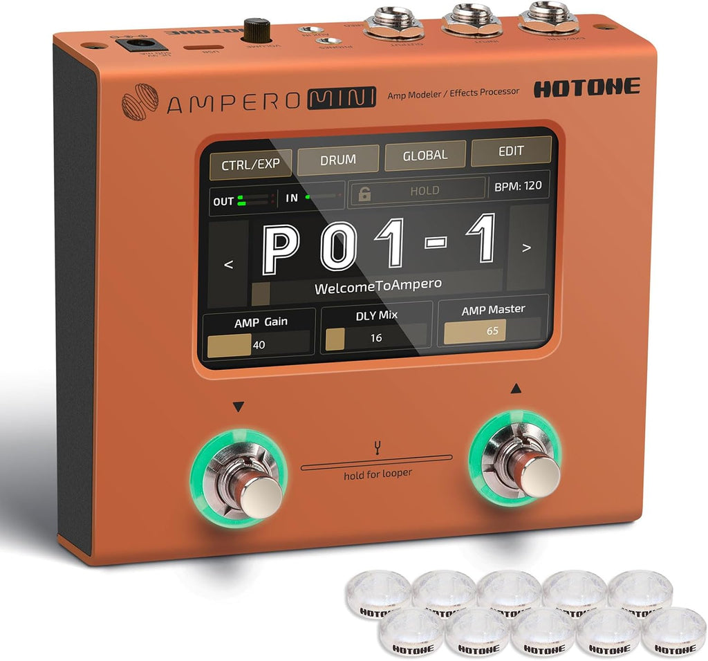 HOTONE Multi Effects Processor Pedal Guitar Bass Amp Modeling IR Cabinets Simulation Multi LanguageStereo OTG USB Audio Interface Ampero Mini MP-50 (Include 10 PCS Additional Footswitch Toppers)