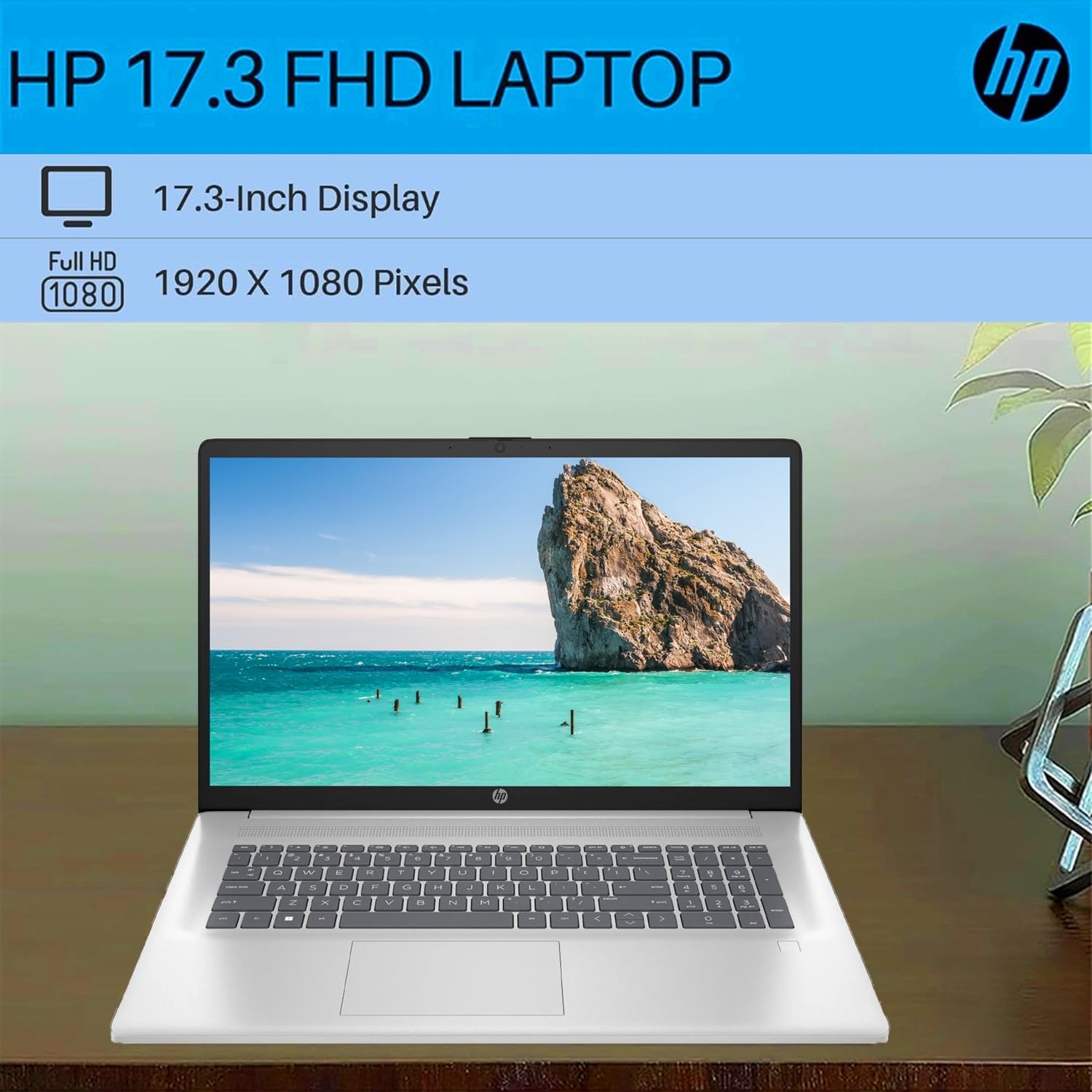 HP Essential Laptop, 17.3' FHD Screen, Intel Core i3-N305, 32GB RAM, 1TB SSD, Webcam, HDMI, Fingerprint Reader, Wi-Fi 6, Bluetooth, Windows 11 Home, Sliver
