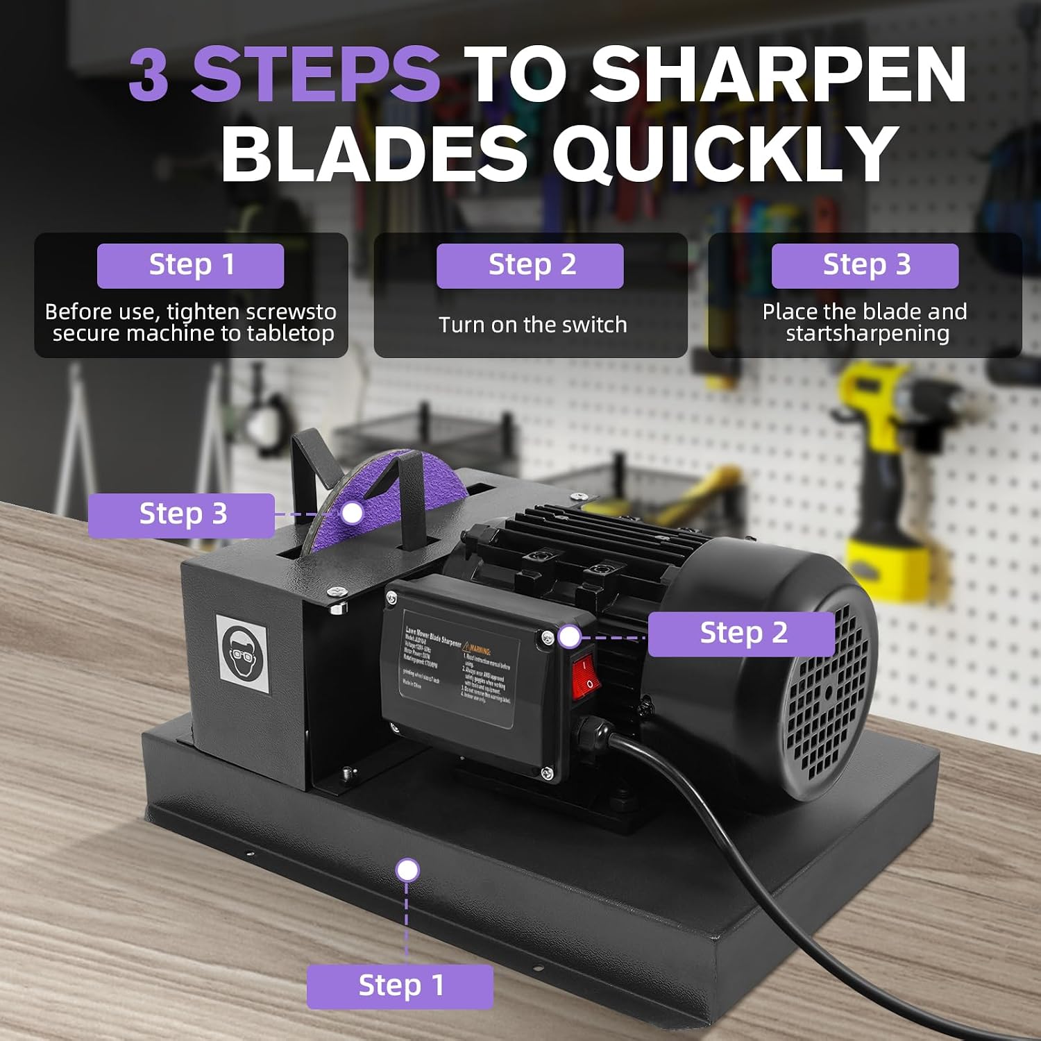 Lawn Mower Blade Sharpener, 1HP 750W Lawnmower Blade Grinder with 9-inch Rust-Proof Grinder Tool, 2 Sanding Paper & Bracket, Compact Workbench Sharpening for Durable Blades