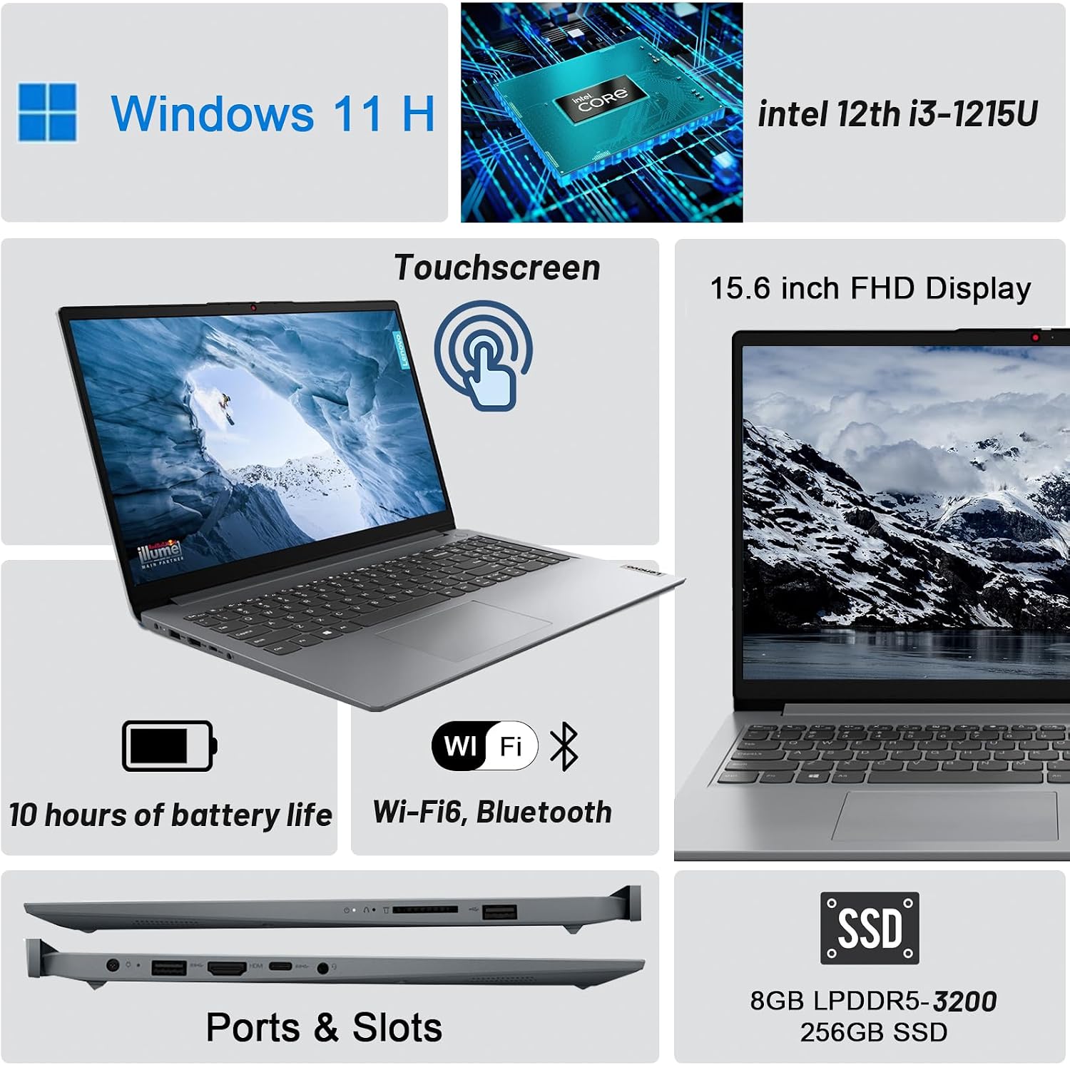 Lenovo Ideapad 1i 15.6' Touch Laptop, Intel Core i3-1215U, 15.6'' FHD Touchscreen Display, 8GB RAM, 256GB SSD, Intel UHD Graphics,Wi-Fi, HDMI, Windows 11 Home, Cloud Gray