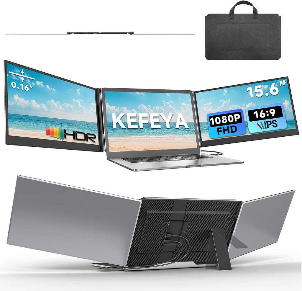 KEFEYA Laptop Screen Extender 15.6', 1080P FHD IPS Ultra-Slim Triple Portable Monitor for Laptop 12-17.3', Eyes Care HDR Travel Monitor, USB-C/HDMI Plug-Play Monitor Extender for macOS/Win and Phone