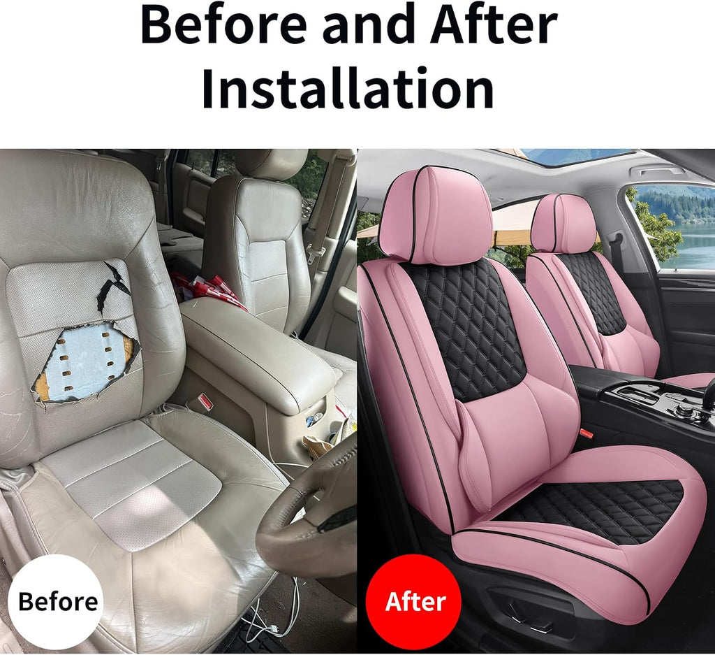 Car Seat Covers, Luxury Faux Leather Waterproof Non-Slip Seat Protector Universal Fit for Most Cars SUVs Trucks Pick-ups,Car Interior Accessories (Pink Black, Full Set)
