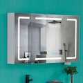 FCH LED Medicine Cabinet with Smart Mirror, 48' Wide Bathroom Medicine Cabinet with Bluetooth& Speaker, Clock, Room Temp Display, Defog, Stepless Dimming, 3-Color Temper Change, Outlets & USBs