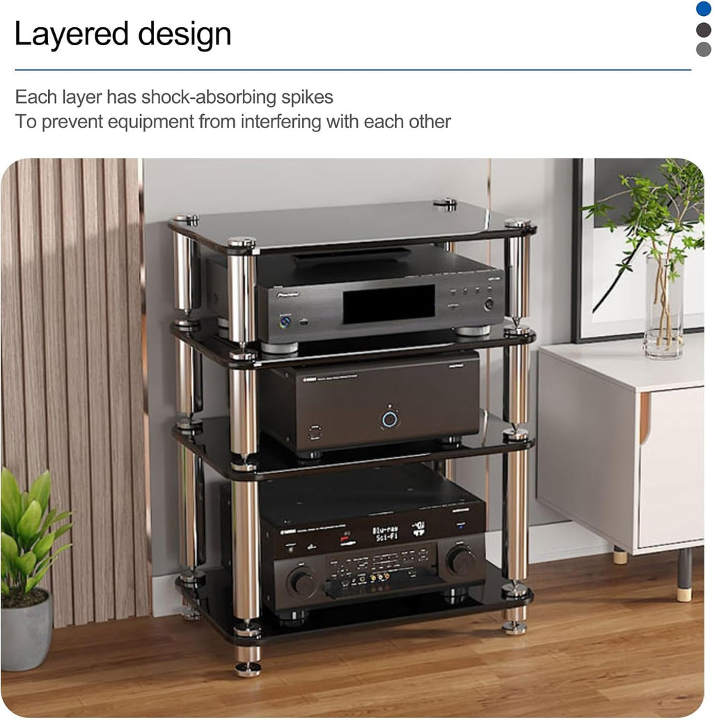 Audio Rack AV Media Stand with 1/2/3/4-Tier Tempered Glass Shelves, Storage Rack Audio Tower Equipment Console Shelf, for Home Office Theater(Black,38cm/15in)
