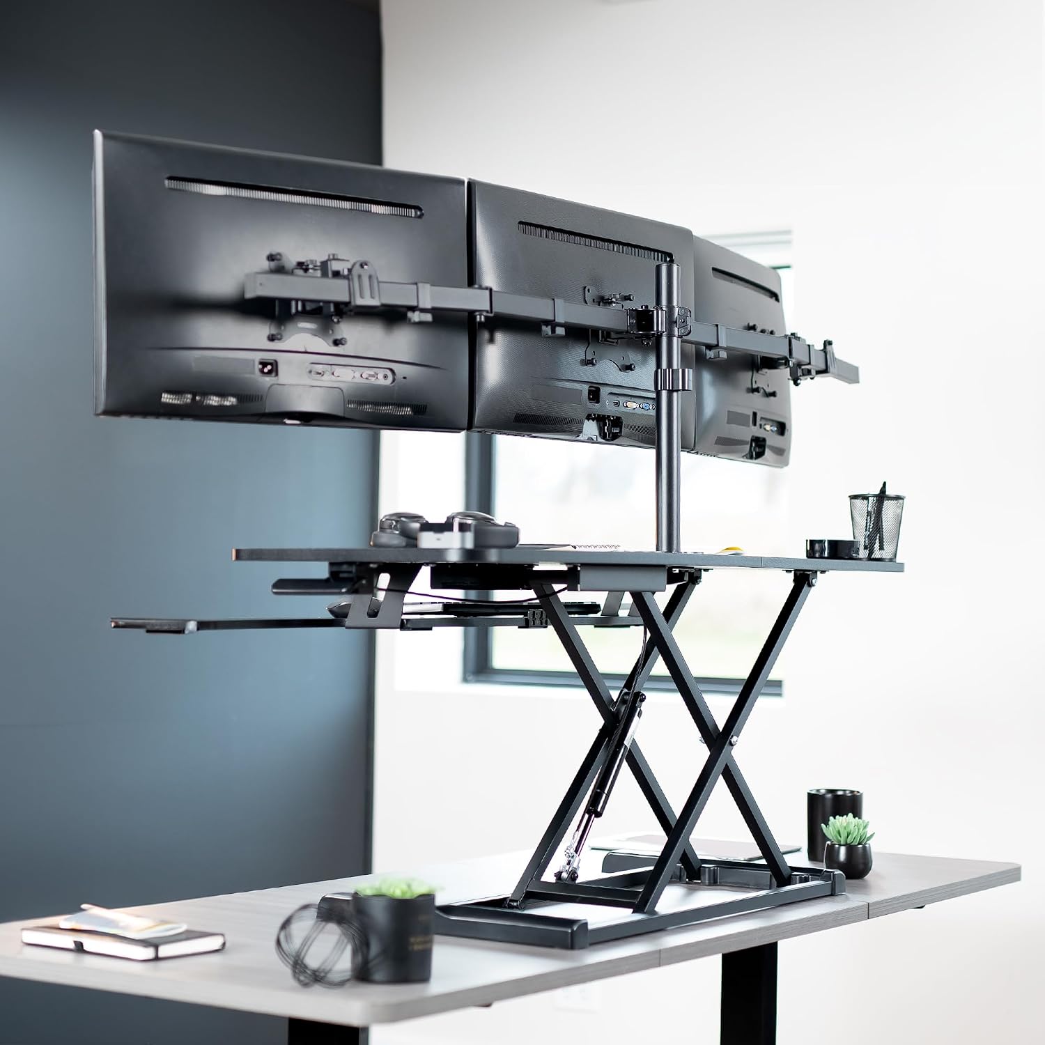VIVO Height Adjustable 48 inch Standing Desk Converter with Triple 21.5 to 27 inch Monitor Mount, Extra Large Desk Riser, Black, DESK-KIT-48KB3C