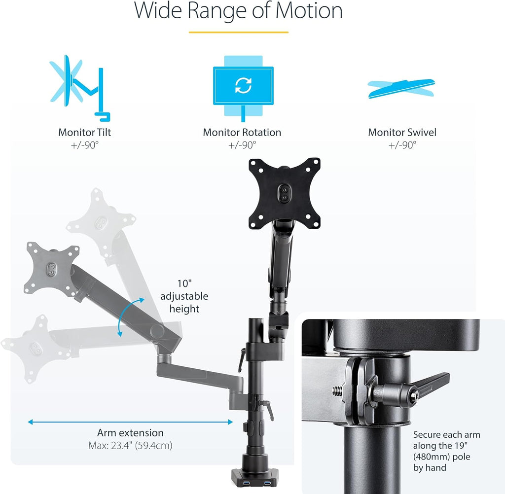 StarTech.com Desk Mount Monitor Arm w/ 2X USB 3.0 Ports for VESA Display up to 34' (17.6lb/8kg), C-Clamp/Grommet, Mechanical Spring