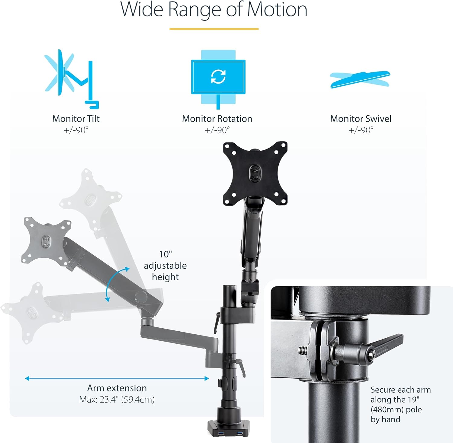StarTech.com Desk Mount Monitor Arm w/ 2X USB 3.0 Ports for VESA Display up to 34' (17.6lb/8kg), C-Clamp/Grommet, Mechanical Spring
