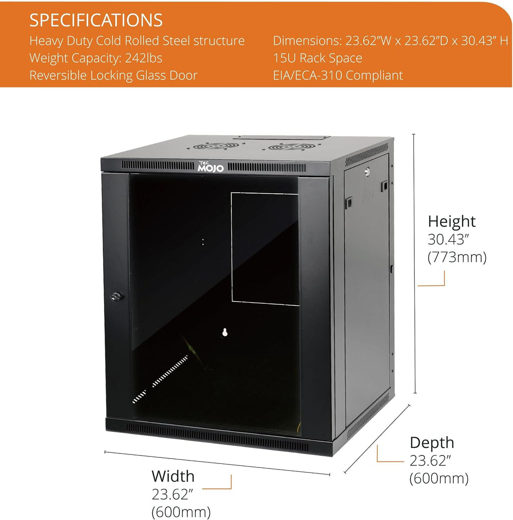 Tecmojo 15U Wall Mount Rack,15U Rack 23.6 Inch Depth,Hold Up to 176 Lbs,Enclosed Wall Mount Rack Kit for 19 Inch Network,Server and AV Gear,Glass Door(Elite Collection)