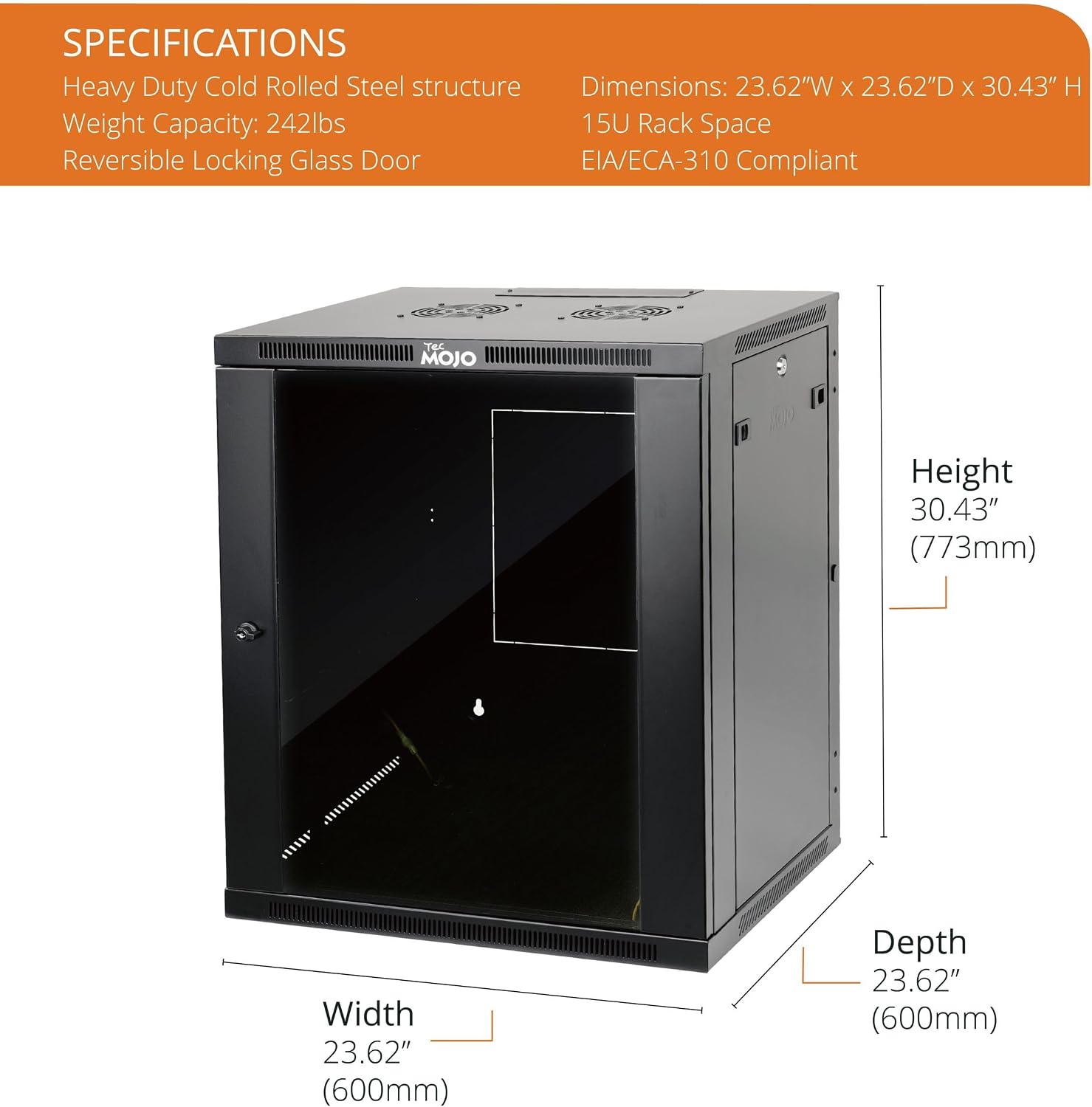 Tecmojo 15U Wall Mount Rack,15U Rack 23.6 Inch Depth,Hold Up to 176 Lbs,Enclosed Wall Mount Rack Kit for 19 Inch Network,Server and AV Gear,Glass Door(Elite Collection)