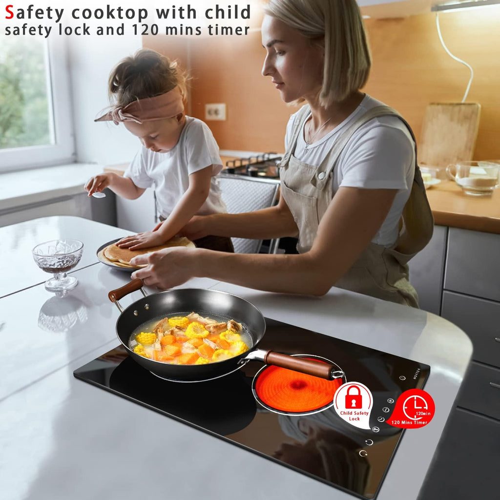 Noxton 2 Burner Electric Cooktop, 12 inch Built-in Electric Stove Top,3000W, Hard Wire for 220V~240V