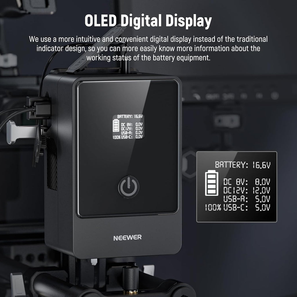 NEEWER V Mount Battery PS099E with Type C Cable, 6800mAh 99Wh 14.5V Mini V Lock with OLED Display, Fast Charging 65W PD USB C, D Tap/BP/USB A/DC Output for Video Camera Monitor Camcorder Filmmaking