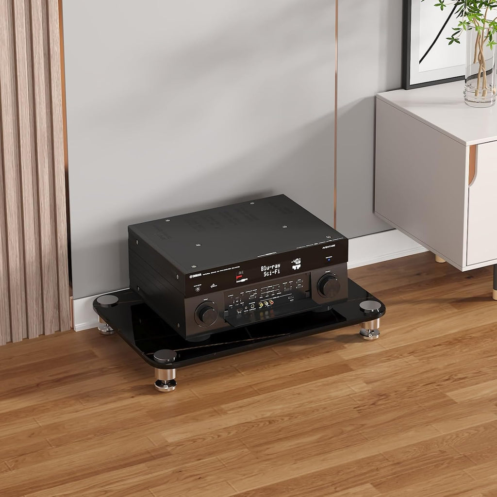 Audio Rack AV Media Stand with 1/2/3/4-Tier Tempered Glass Shelves, Storage Rack Audio Tower Equipment Console Shelf, for Home Office Theater(Black,10cm/3.9in)