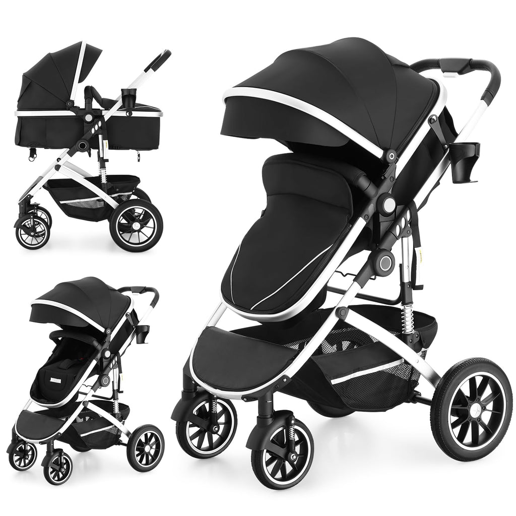 EROMMY 6-in-1 Baby Stroller with Bassinet, Convertible Infant Stroller with Adjustable Backrest & Canopy, Foldable Pushchair with Reversible Seat and Cover for Newborn 0-36 Months (Black)