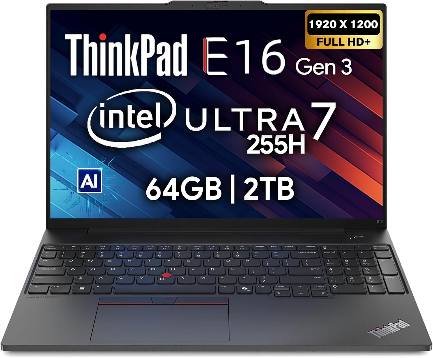 Lenovo ThinkPad E16 Gen 3, 16' FHD+, Intel Ultra 7 255H, 64GB DDR5 RAM, 2TB NVMe, Fingerprint, Backlit KB, WiFi 6E, RJ-45, FHD Webcam, Windows 11 Pro, AI Business Laptop - Black