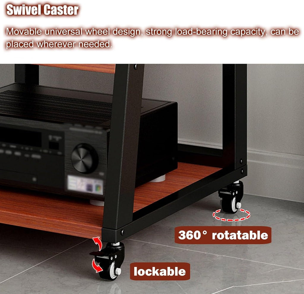 Heavy Duty Storage Rack with Casters, 2-5 Tier Utility Shelf, Adjustable Metal Stand for Home & Office, Hi-Fi Audio Equipment Organizer, Sturdy Rolling Cabinet