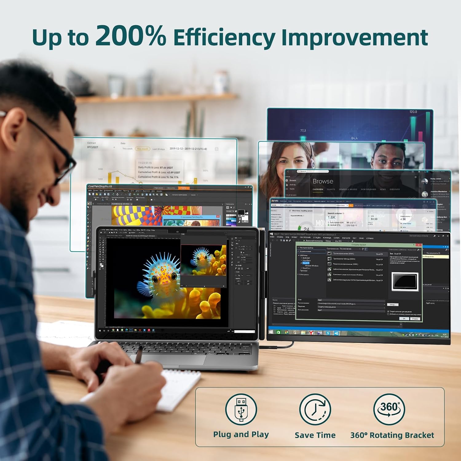 ROYY Laptop Screen Extender Dual Monitor - 15.6' Portable Monitor 85% NTSC IPS 1080P FHD Detachable Screen Extended Extra USB-C/HDMI Port Compatible with Wins Mac Dex Chrome Fits 13'-17' Laptops