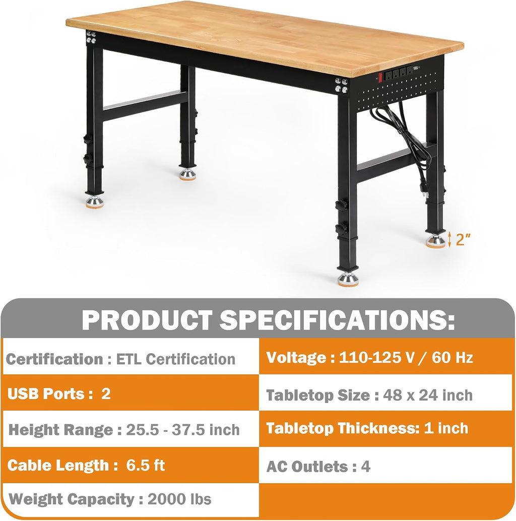 Betterhood Adjustable Height Workbench, 48' Rubber Wood Top Heavy Duty Workstation with Power Outlets, 2000 LBS Load Capacity Hardwood Worktable for Workshop, Garage, Office, Home, Commercial