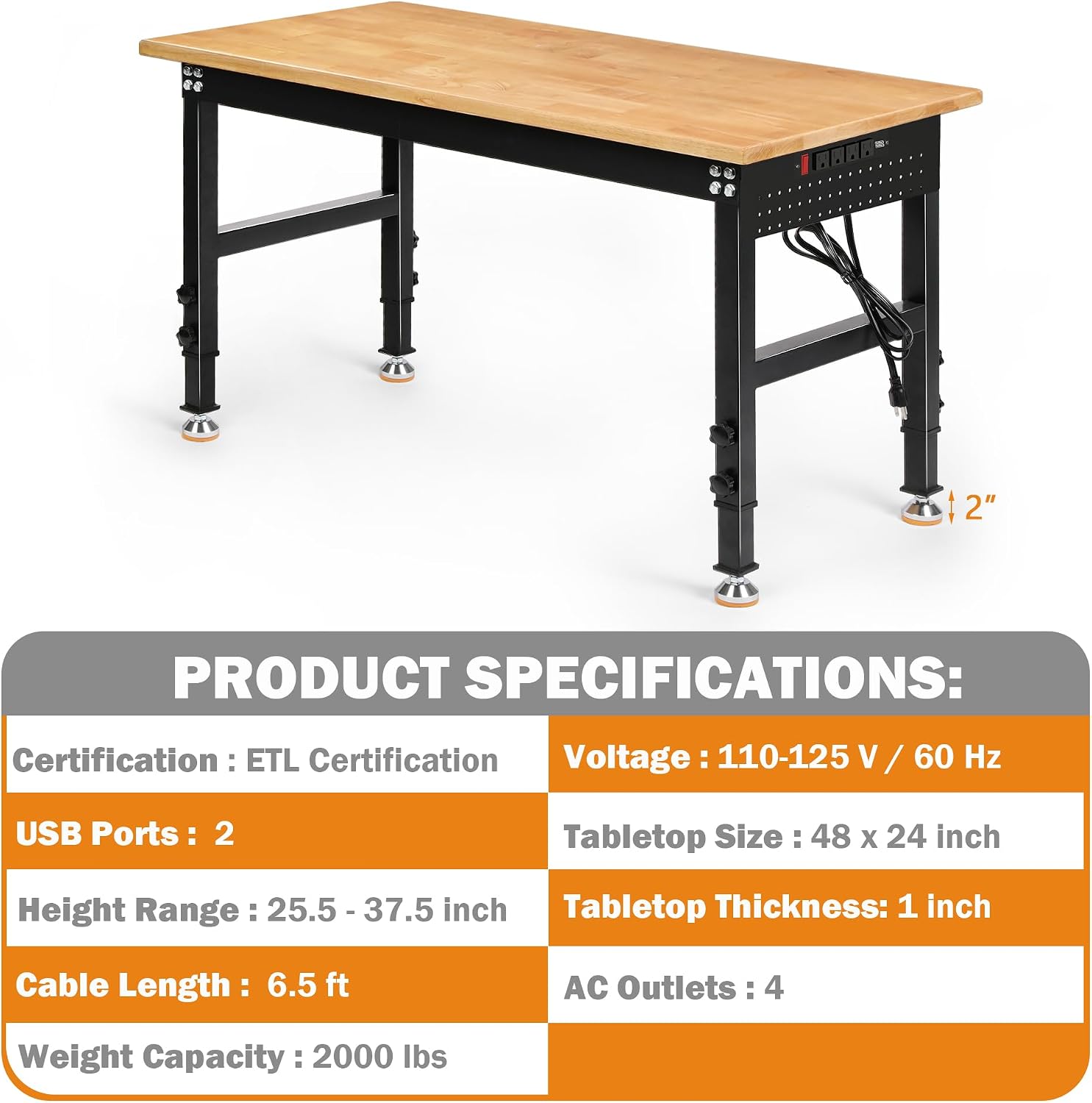 Betterhood Adjustable Height Workbench, 48' Rubber Wood Top Heavy Duty Workstation with Power Outlets, 2000 LBS Load Capacity Hardwood Worktable for Workshop, Garage, Office, Home, Commercial