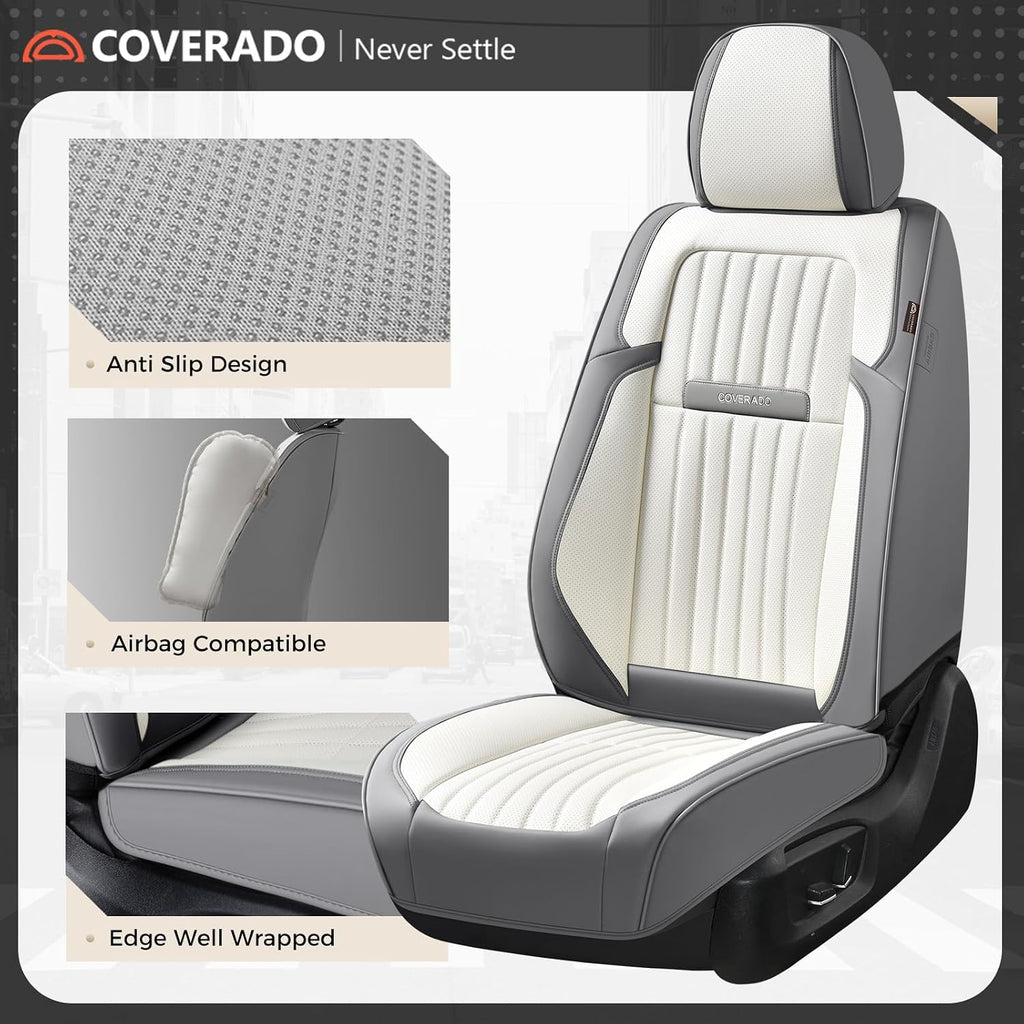 Coverado Car Seat Covers Front Seats, Seat Covers for Cars, Car Seat Protector, 2-Pack Car Seat Cushion Nappa Leather, Waterproof Seat Covers Carseat Cover Universal Fit for Most Cars(Gray&White)