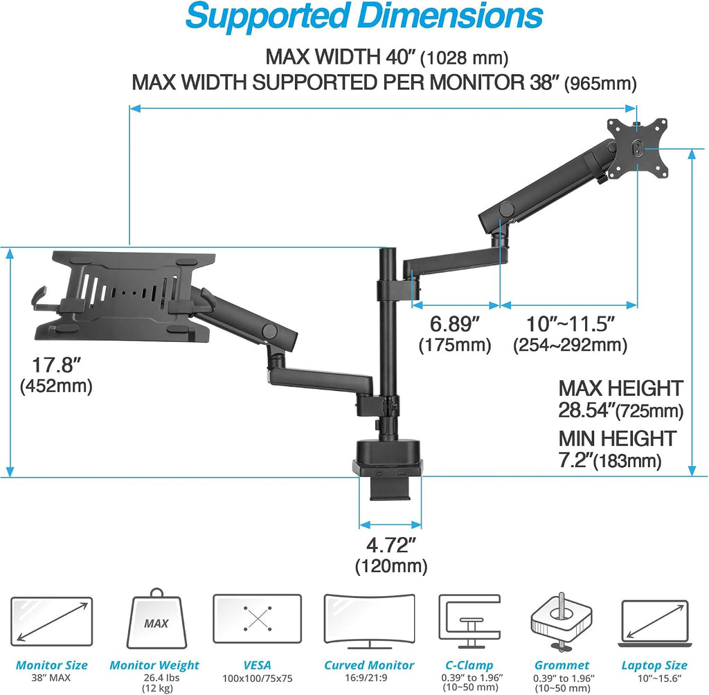 AVLT Laptop & 38 Inch Monitor Arm Pole Top Mount-Black, Supports 26.4 lbs (12 kg), Stacked Monitor, VESA Compatible, Ultrawide Screen Fit, Adjustable Height, Tilt Swivel Rotate, Cable Management