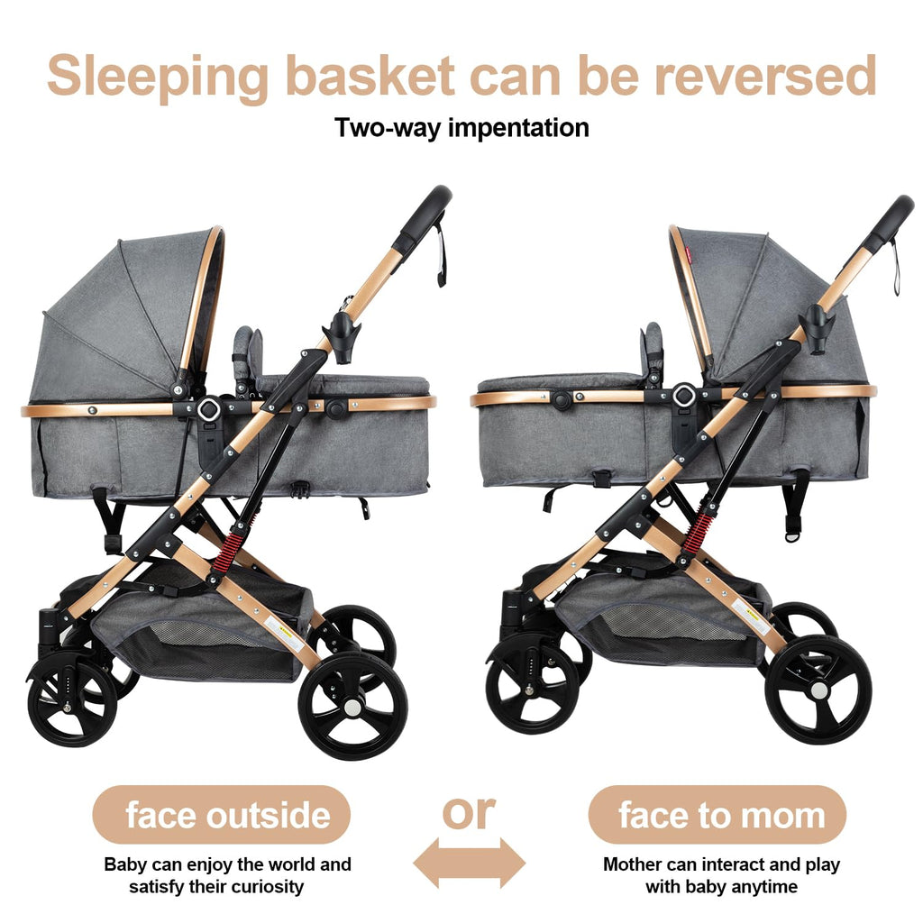 2 in 1 Baby Stroller Newborn Stroller Foldable Convertible Infant Stroller Pushchair Folding High Landscape Infant Carriage,Toddler Pushchair Gray Baby Stroller