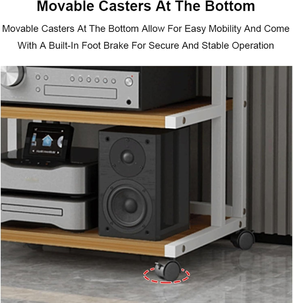 Audio Rack Movable Stereo Rack Audio Equipment Rack Audio with Wheels Stereo Shelf Wooden Open Audio-Video Shelving Waterproof(Natural,4 Tier)