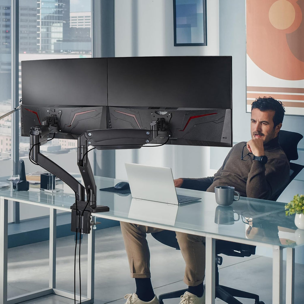 AVLT Dual Monitor Arm Desk Mount for 13'–43' Flat/Curved Screens with USB-A Pass-Through, Full Motion Height Adjustable Swivel Tilt Rotation VESA/C-Clamp/Grommet/Cable Management, Black