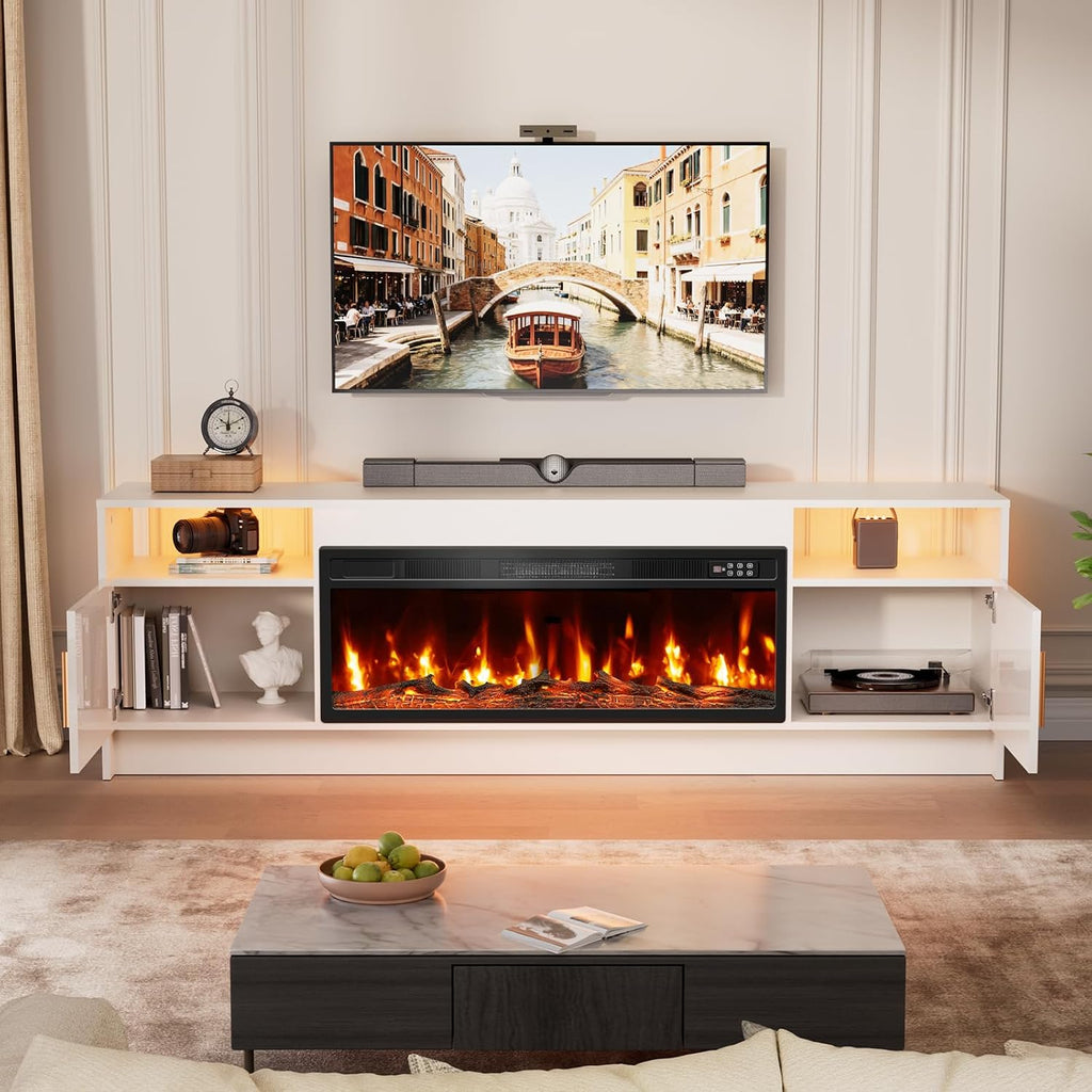 EAG 70' Electric Fireplace TV Stand with 36 inch Fireplace Up to 80' TVs, Entertainment Center with with Storage Cabinet & LED Lights, Modern Media Console for Living Room, White