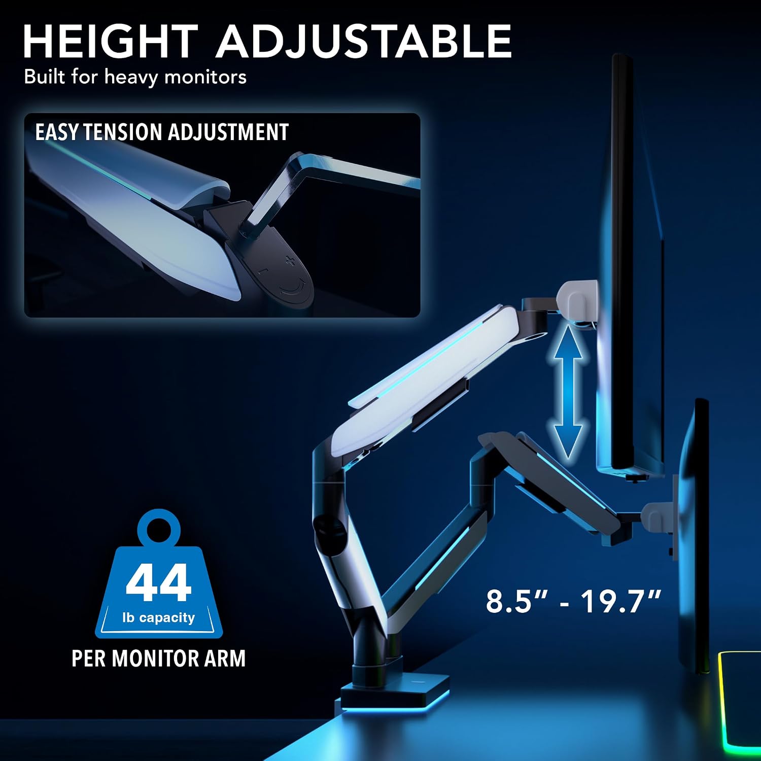 Mount-It! Heavy Duty Dual Monitor Arm up to 35 in. 44 lbs Screens, RGB Lights, 75x75 100x100 VESA Desk Mount for 2 Widescreen Curved Monitors 27 32 34 35 inches, Gas Spring, Clamp, Grommet, RGB Lights