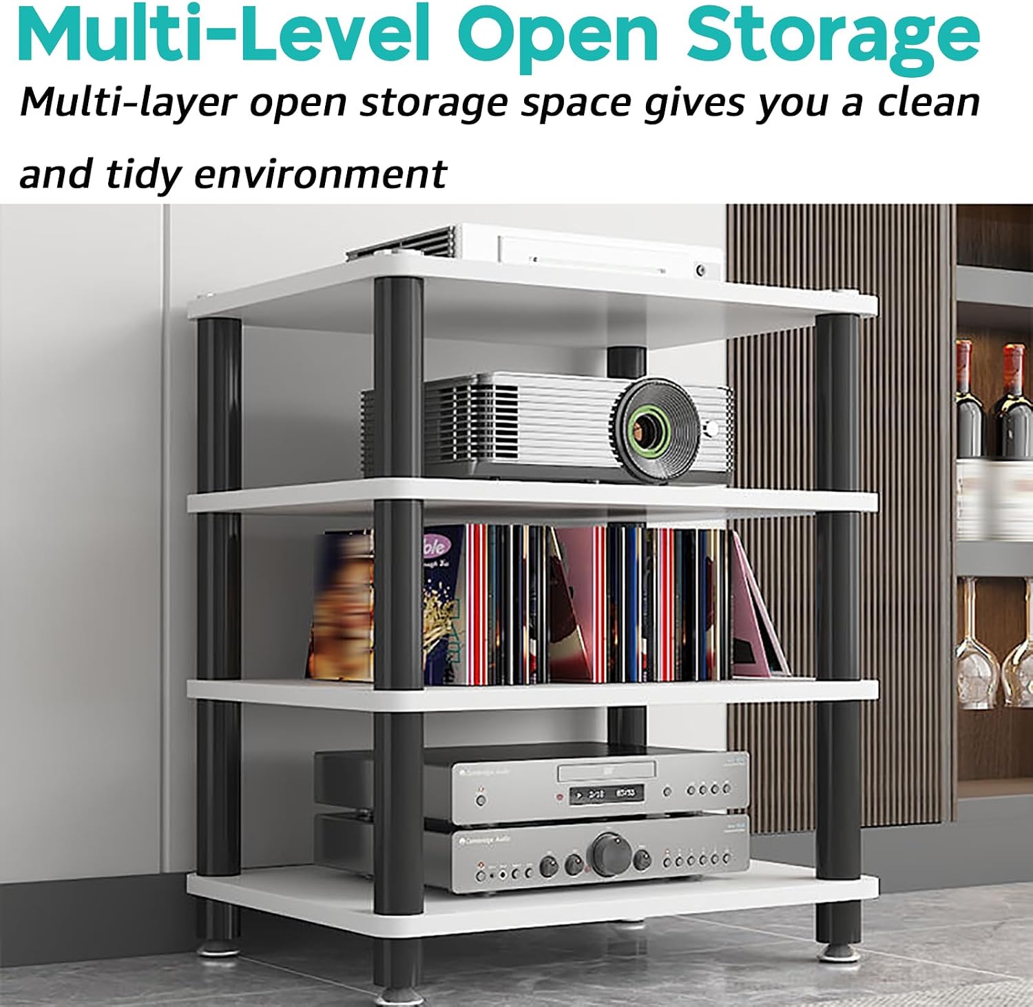 AV Media Stand 1/2/3/4 Tier Record Player DVD CD Audio Rack Tower Holder, Adjustable Media Storage Cabinet, Entertainment Stereo Racks Equipment Console Shelf,Black,1 Tier