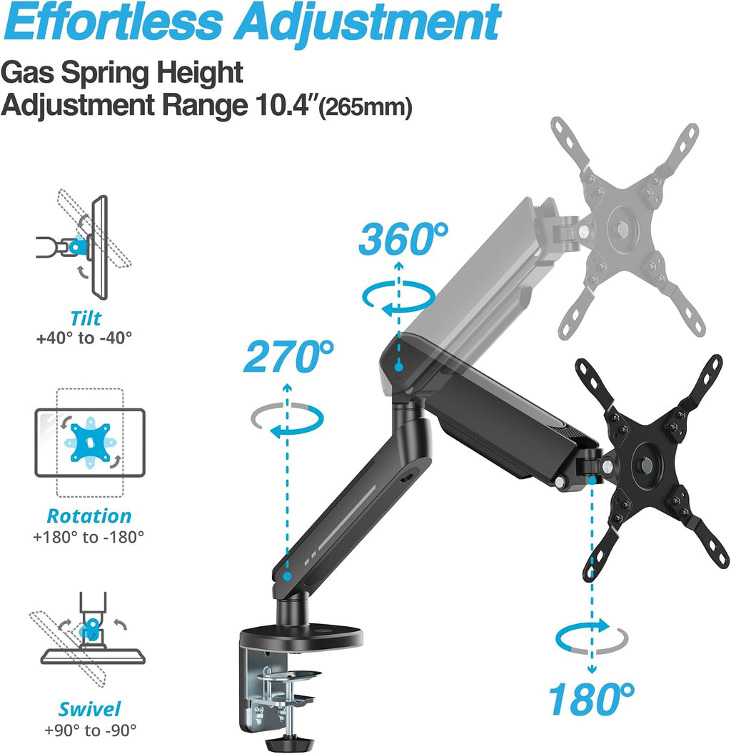 AVLT Single 27'-45' RGB Gaming Monitor Arm Desk Mount Built-in 20 Lighting Modes Touch Button Control Fits Flat/Curved/Ultrawide Screen Height Swivel Tilt Rotation Adjustable Stand -Black