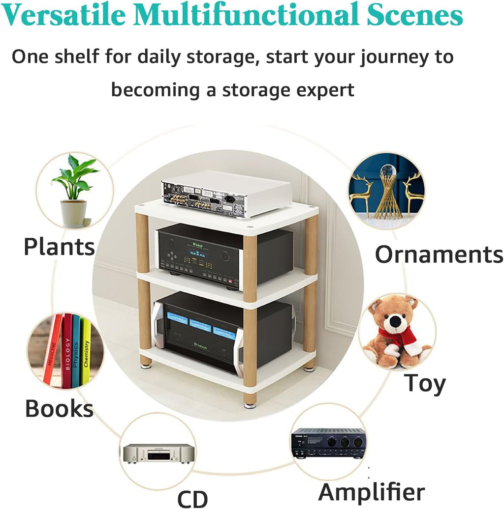 AV Media Stand 2/3/4 Tier Record Player DVD CD Audio Rack Tower Holder, Adjustable Media Storage Cabinet, Entertainment Stereo Racks Equipment Console Shelf,Wood,3 Tier