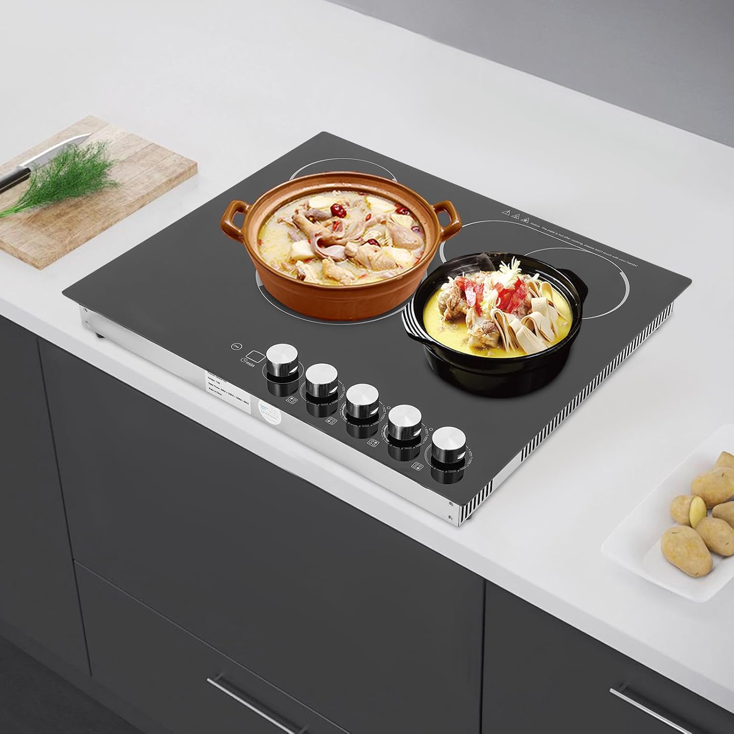 110V 3400W Electric Ceramic Cooktop,4 Burners Built-in Stovetop with Knob Control,Safety Lock,0-90' Timer, 5 Gears Firepower, 23.6in Countertop Electric Hot Plate without Plug