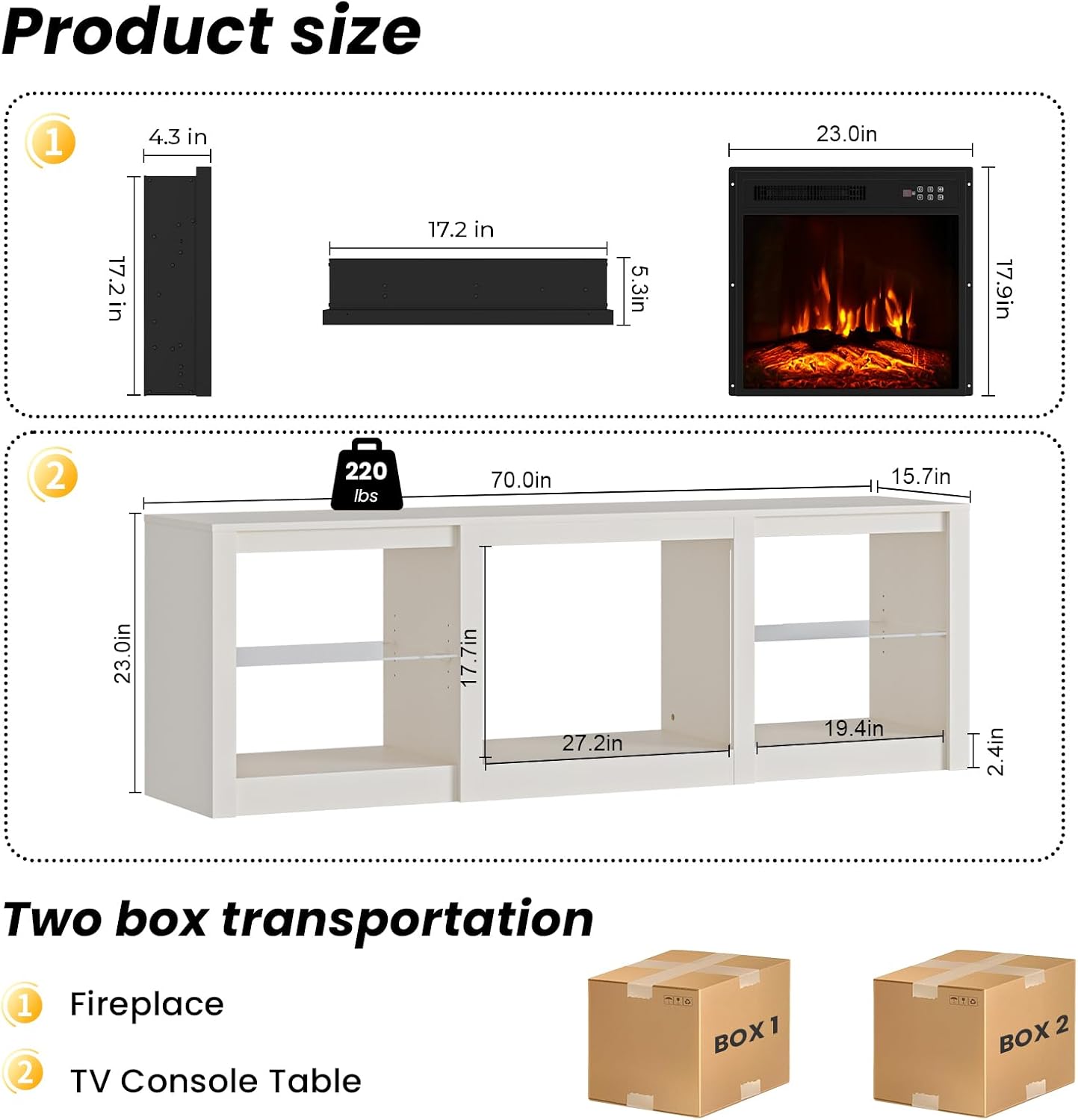 EAG 70 Inche Fireplace TV Stand for TVs up to 80 Inches with 23' Electric Fireplace, Modern Entertainment Center with Glass Shelves, LED Lights, Media TV Console for Living Room, White