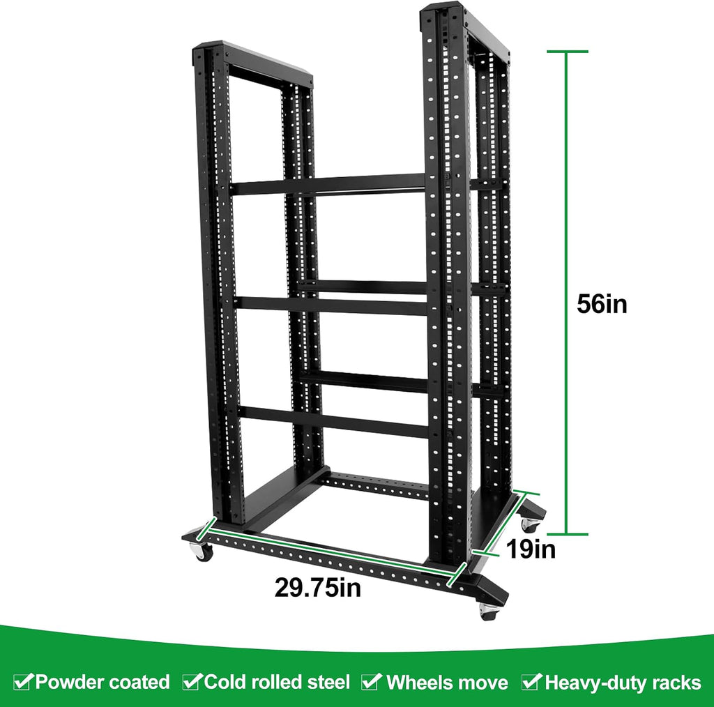 27U Server Rack/4-Post 19in Network Rack/Open Frame Rack with Wheels, Heavy-Duty Frame Cabinet/Adjustable Depth 29.75-27.75in GLOBALRACK(4POST-1000-27U)