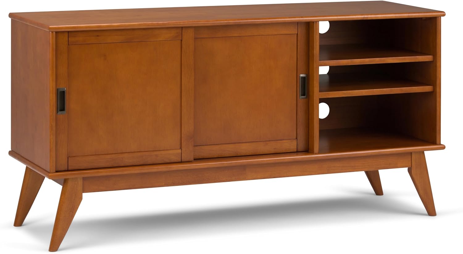 SIMPLIHOME Draper TV Stand - 60 inch Wide Solid Wood Media Console in Teak Brown, Mid Century Modern Entertainment Center for Living Room for TVs up to 65 Inches with Shelves and Cable Management