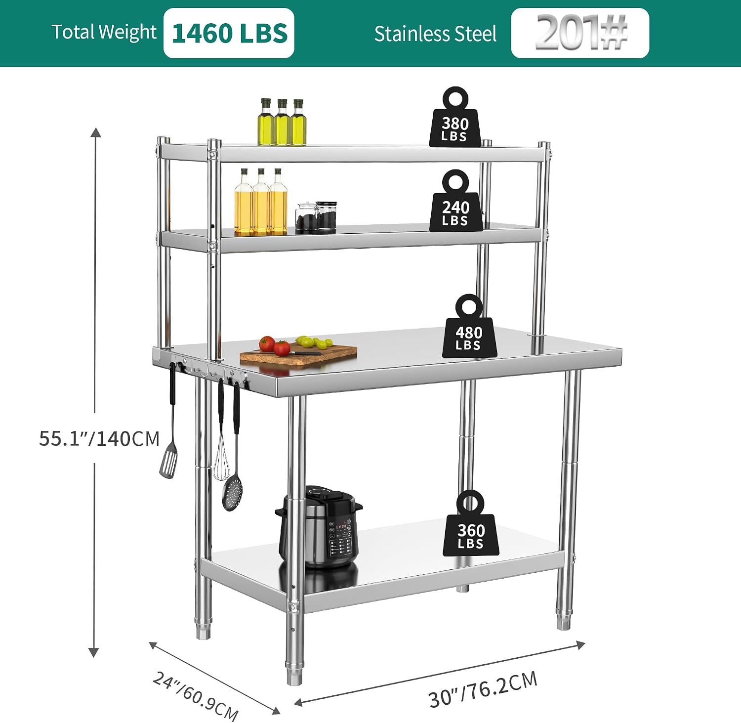 YITAHOME NSF Stainless Steel Work Table With Overshelves, 30' X 24' With 30' X 12' Shelf, Metal Prep Table for Home Kitchen Restaurant Garage Warehouse