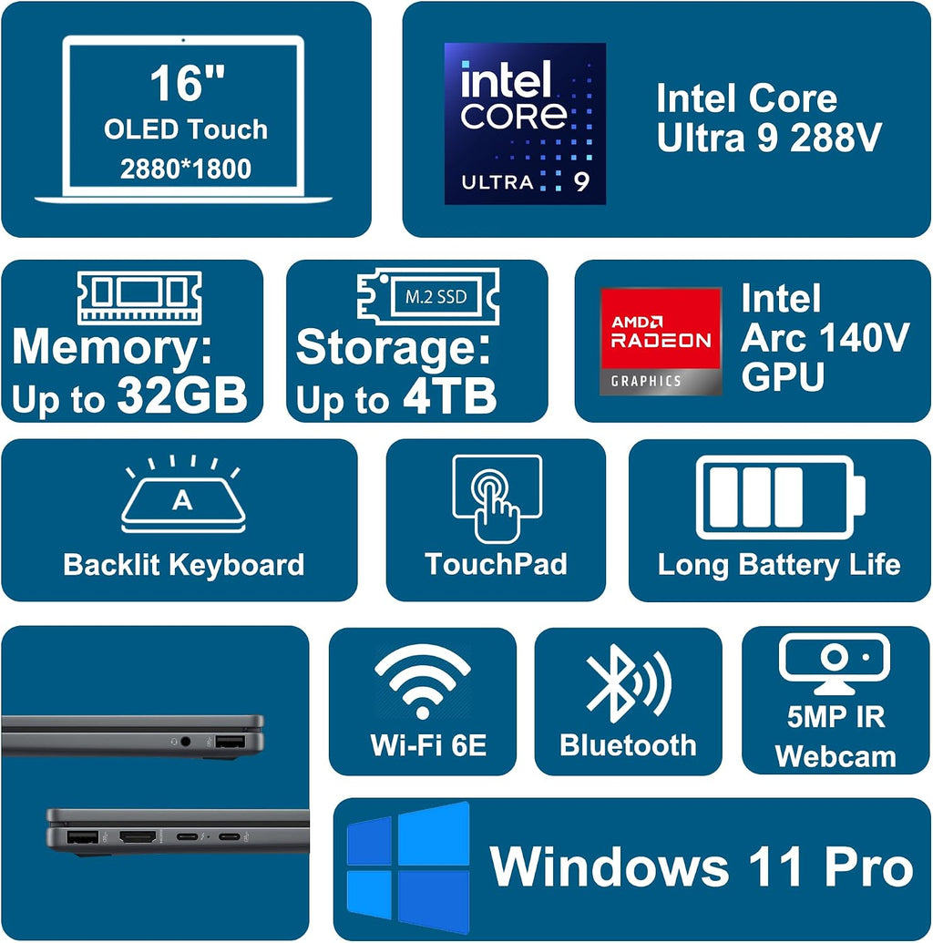 HP OmniBook X Flip 2-in-1 Laptop 16' 3K OLED Touch (500nits HDR, 120Hz) Intel 8-core Ultra 9 288V (Up to 48 Tops) 32GB RAM 2TB SSD for Creator Business Professional Win11Pro ICP Hub