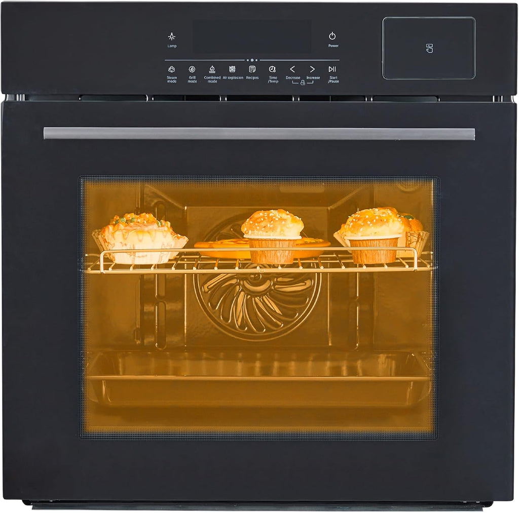24 Inch Stainless Steel Toaster Oven and Black Air Fryer Combo: 70L Capacity, 3D Heating with Steam, Touch Control, Multi-Function Modes for Countertop Built-in Use