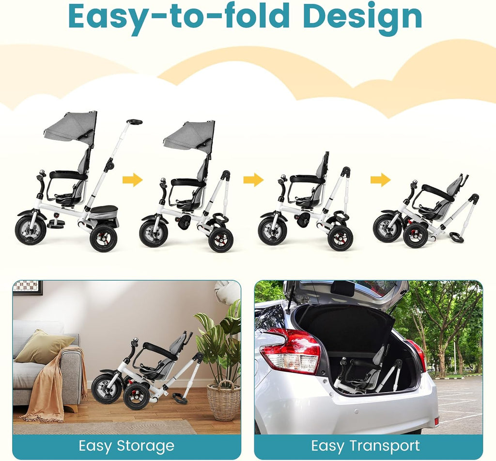 HONEY JOY Tricycle, 5-in-1 Folding Baby Trike Stroller w/Adjustable Handle & Canopy, Reversible Seat, Safety Belt, Folding Pedal, Bell, Storage, Push Tricycle for Toddlers 1-5 Years Old (Gray)